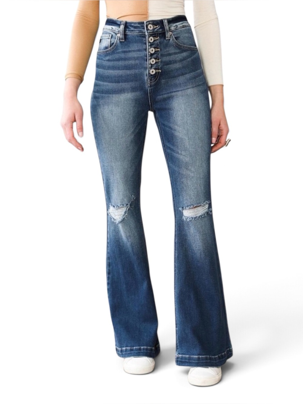 NEW KanCan Petite High Waisted Exposed Button Fly Flare Medium Wash Jeans NWT